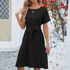 Robe midi plissée femme, ceinture à nouer amovible, noir