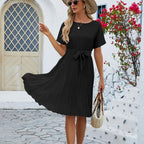 Robe midi plissée femme, ceinture à nouer amovible