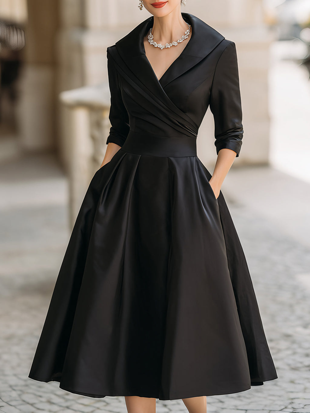 Robe midi plissée femme, coupe trapèze, manches longues, noir