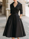 Robe midi plissée femme, coupe trapèze, manches longues, noir