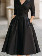 Robe midi plissée femme, coupe trapèze, manches longues