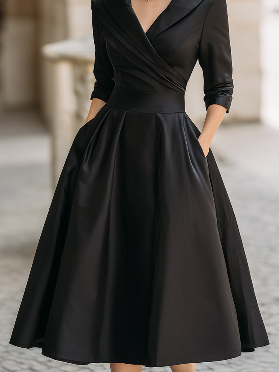 Robe midi plissée femme, coupe trapèze, manches longues