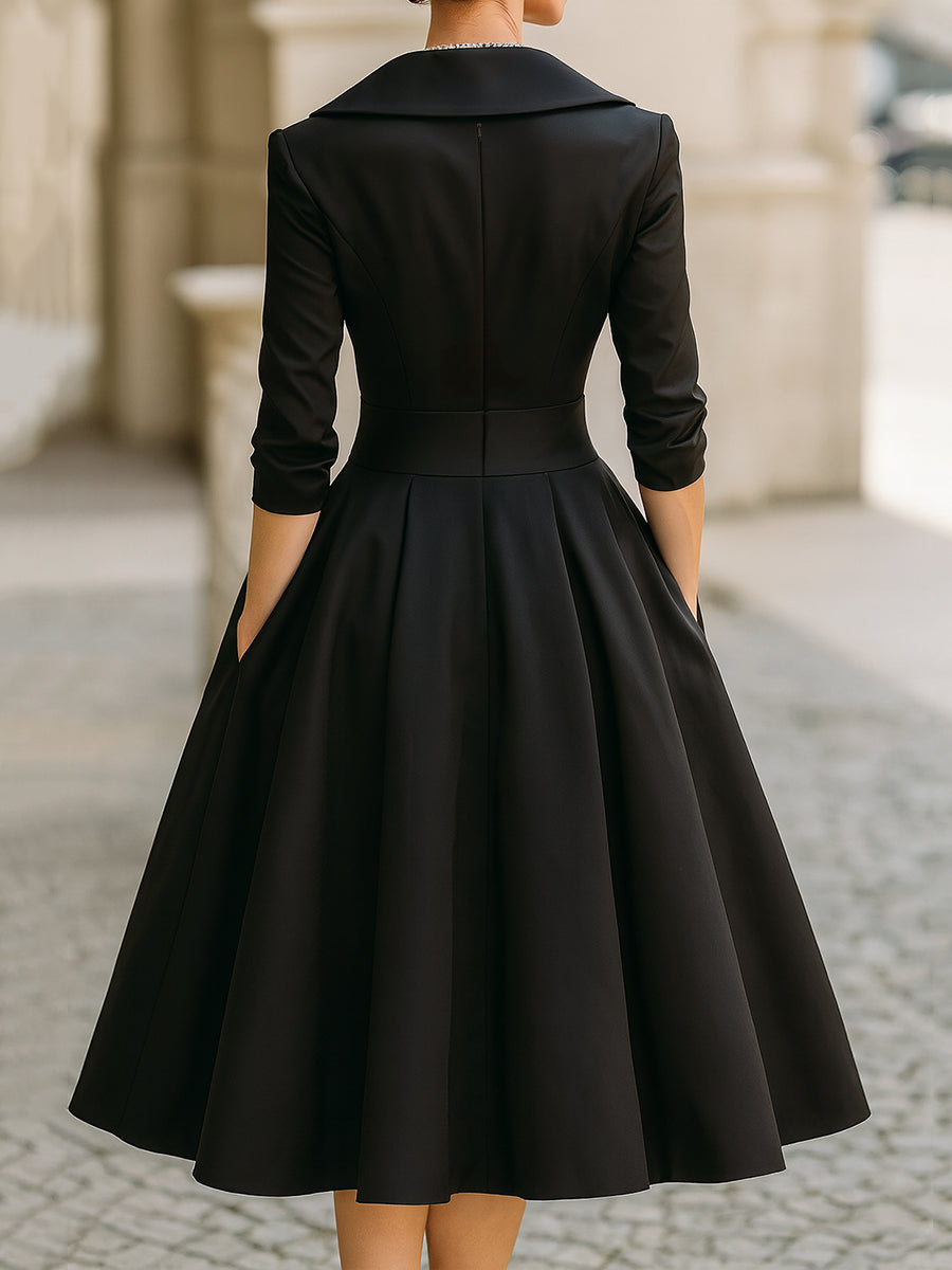 Robe midi plissée femme, coupe trapèze, manches longues