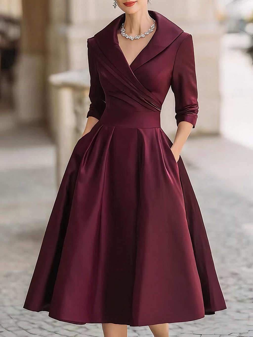 Robe midi plissée femme, coupe trapèze, manches longues, bordeaux