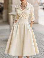 Robe midi plissée femme, coupe trapèze, manches longues, beige