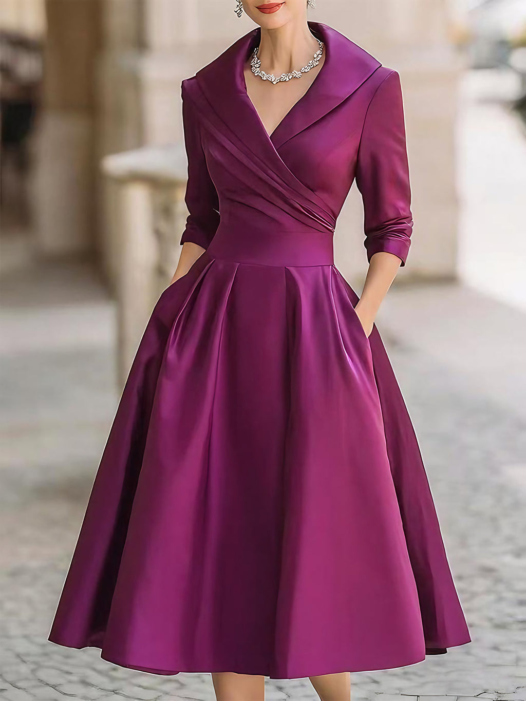 Robe midi plissée femme, coupe trapèze, manches longues, violet