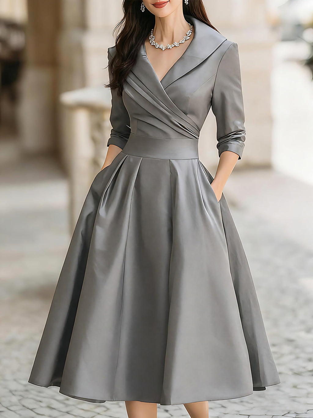 Robe midi plissée femme, coupe trapèze, manches longues, gris