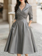 Robe midi plissée femme, coupe trapèze, manches longues, gris