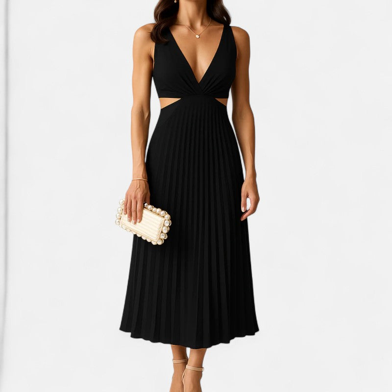 Robe midi satinée plissée, col V et découpes sur les côtés, noir