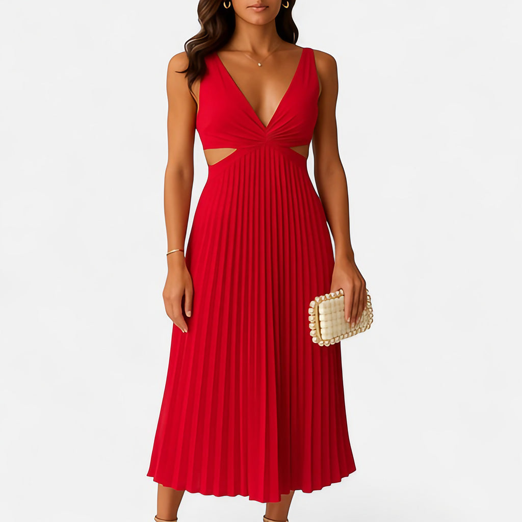 Robe midi satinée plissée, col V et découpes sur les côtés, rouge
