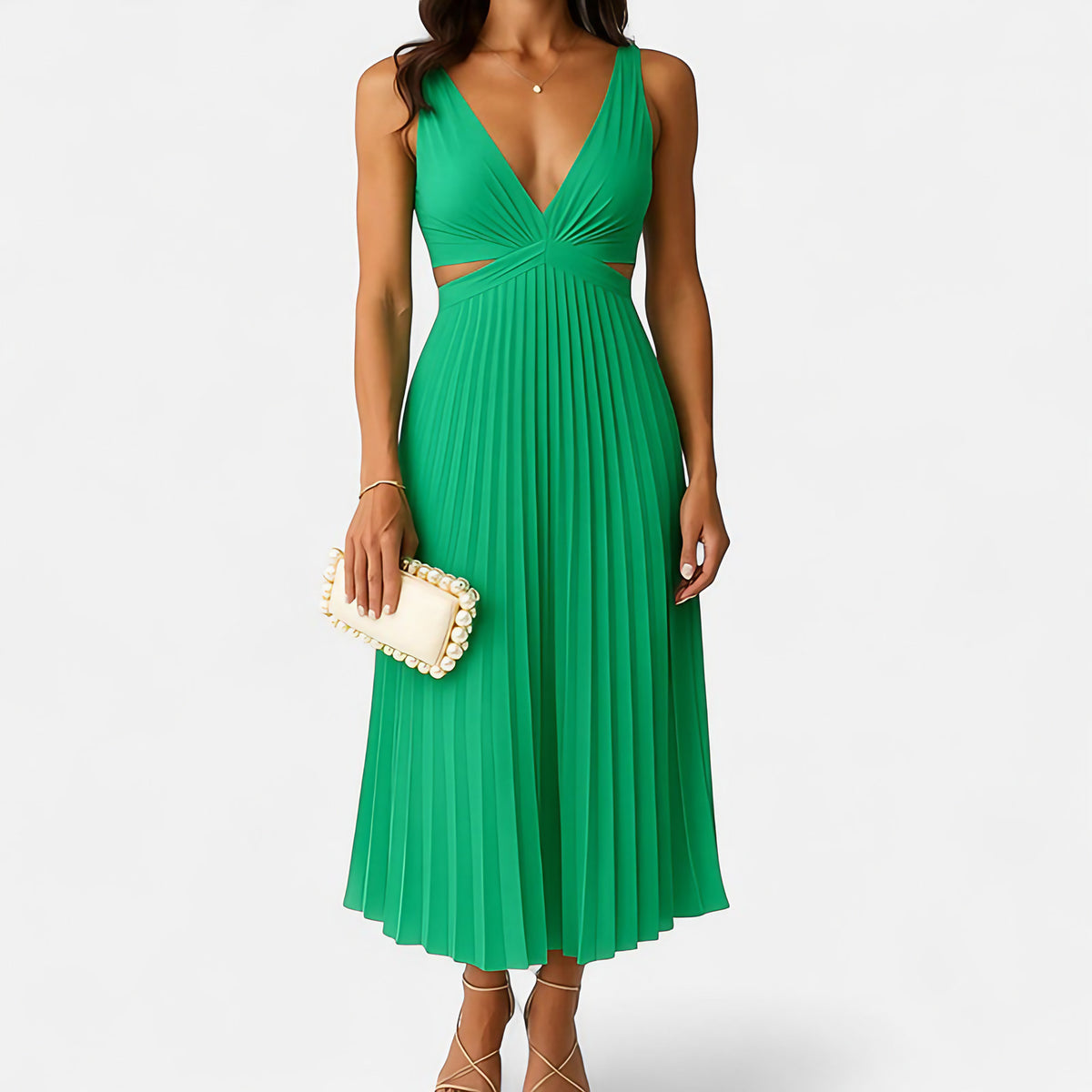 Robe midi satinée plissée, col V et découpes sur les côtés, vert