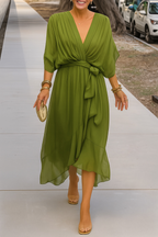 Robe portefeuille midi femme, col V, ourlet asymétrique, vert