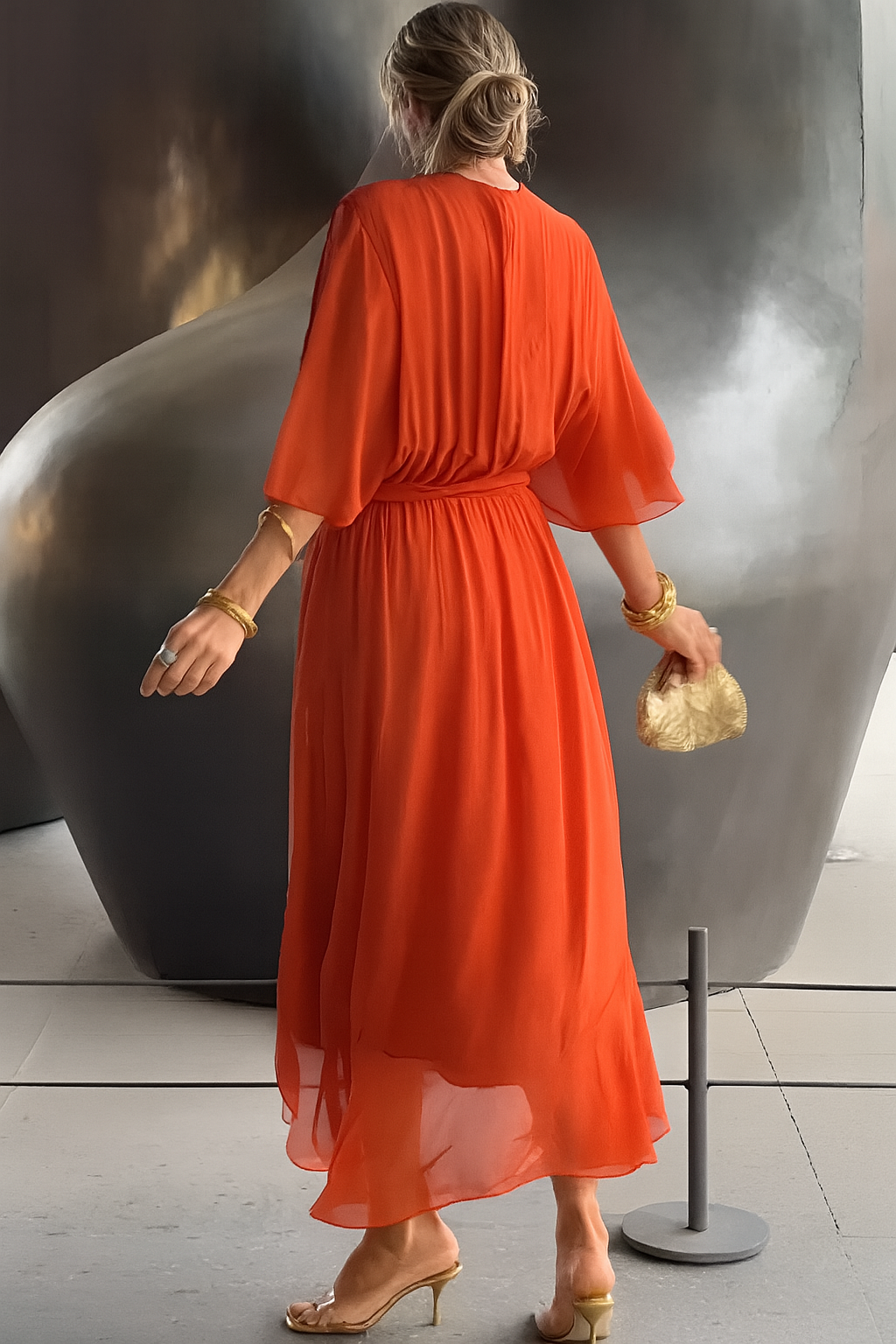 Robe portefeuille midi femme, col V, ourlet asymétrique