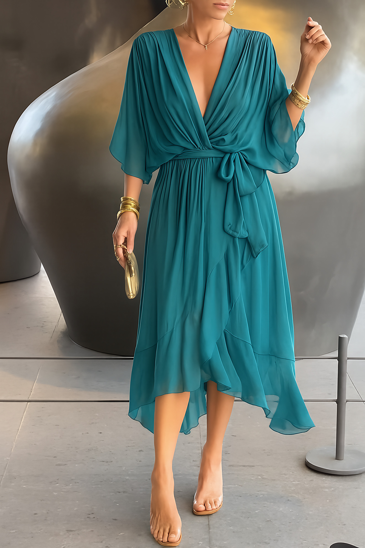 Robe portefeuille midi femme, col V, ourlet asymétrique, turquoise