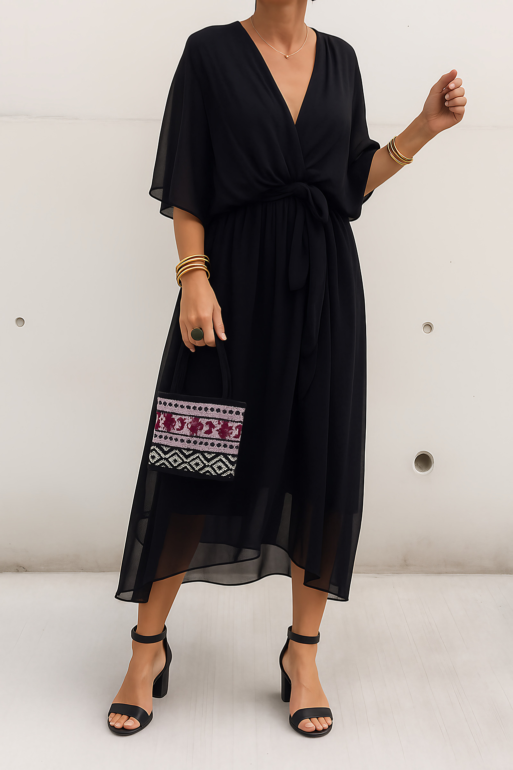 Robe portefeuille midi femme, col V, ourlet asymétrique, noir