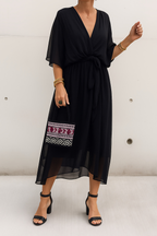 Robe portefeuille midi femme, col V, ourlet asymétrique, noir