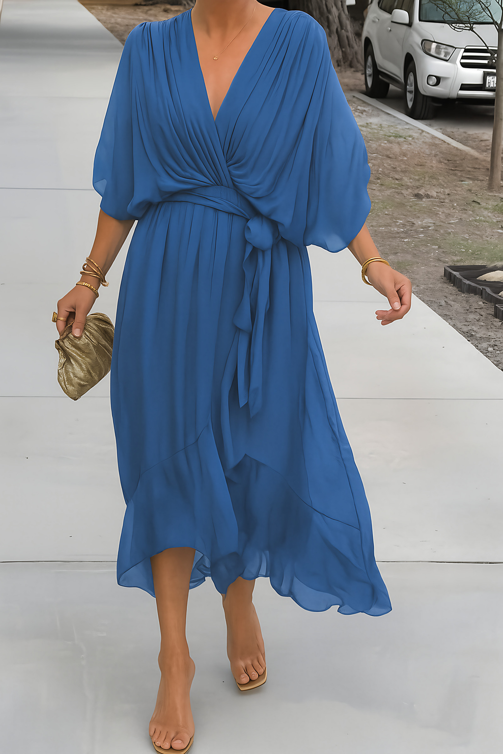 Robe portefeuille midi femme, col V, ourlet asymétrique, bleu