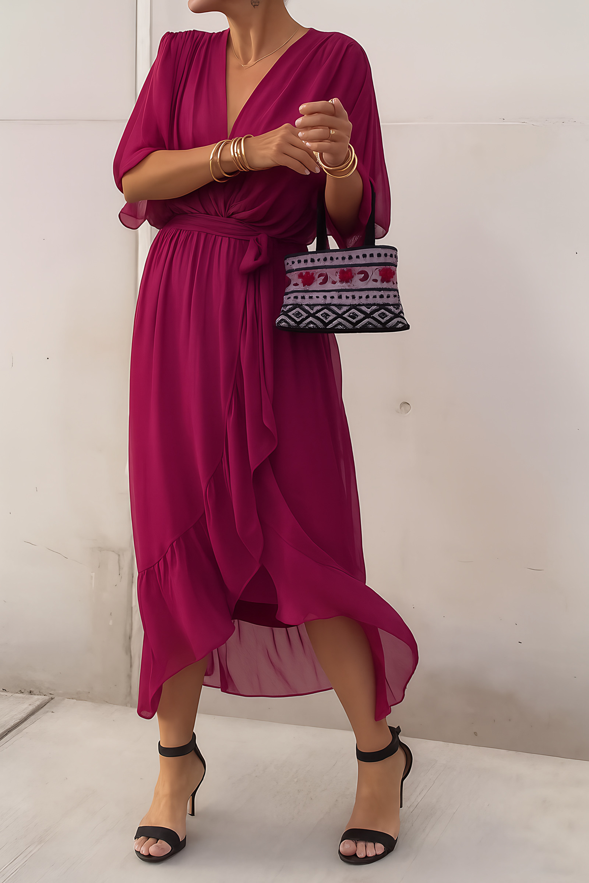 Robe portefeuille midi femme, col V, ourlet asymétrique, rose foncé