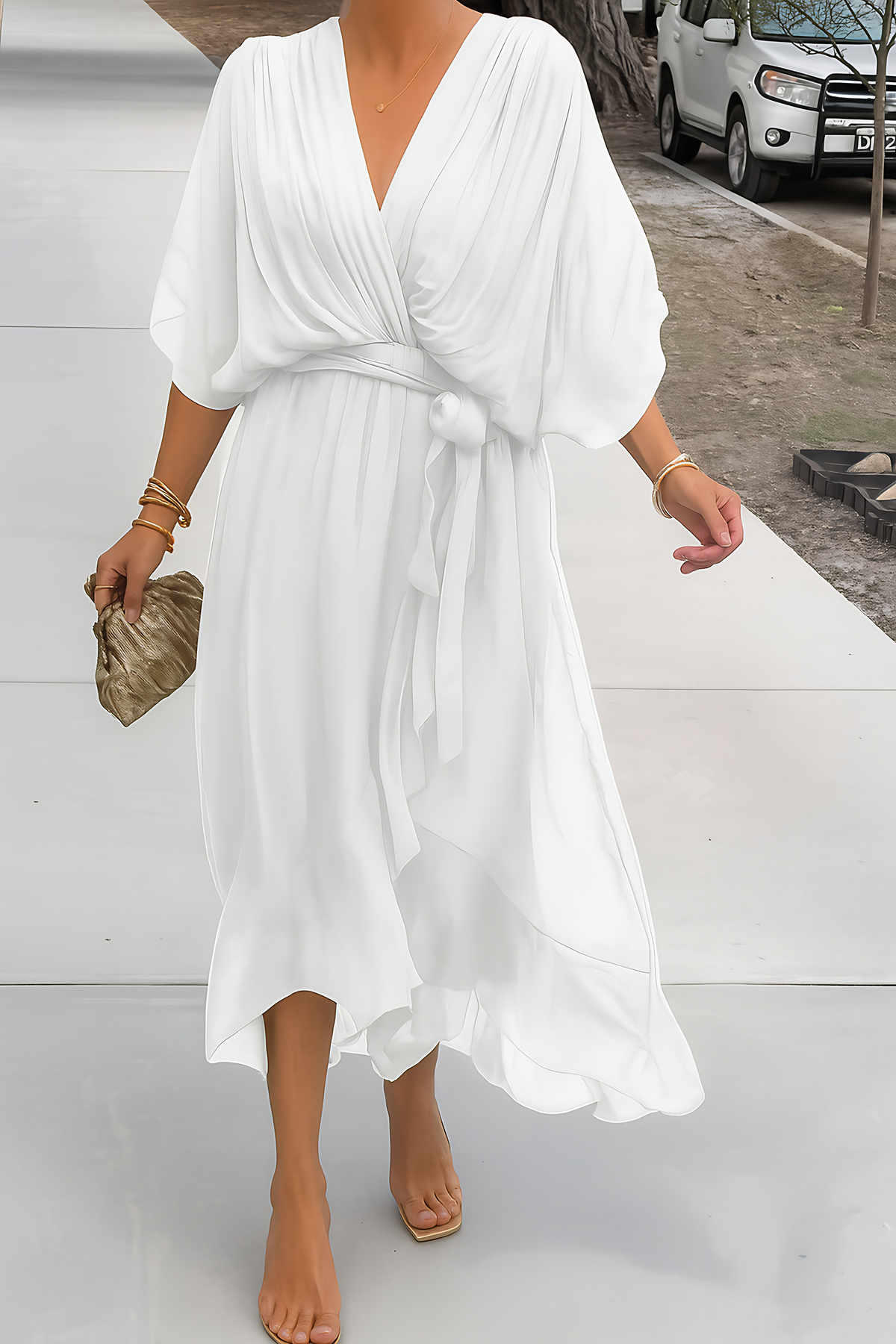 Robe portefeuille midi femme, col V, ourlet asymétrique, blanc