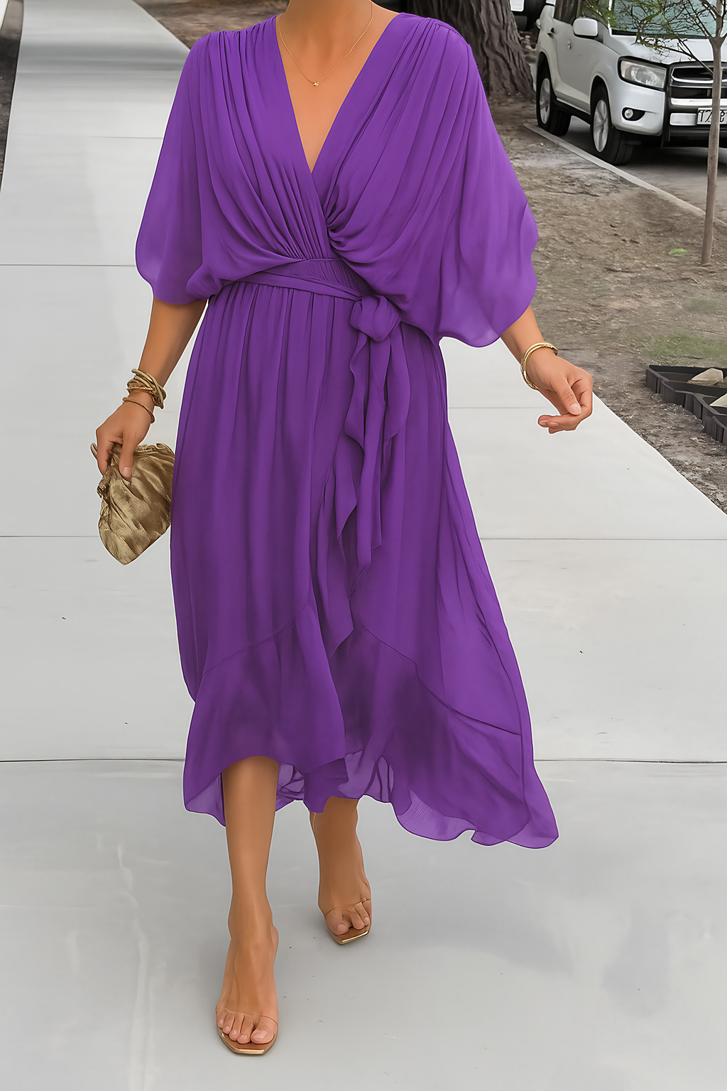 Robe portefeuille midi femme, col V, ourlet asymétrique, violet