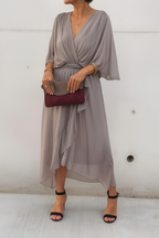 Robe portefeuille midi femme, col V, ourlet asymétrique, gris