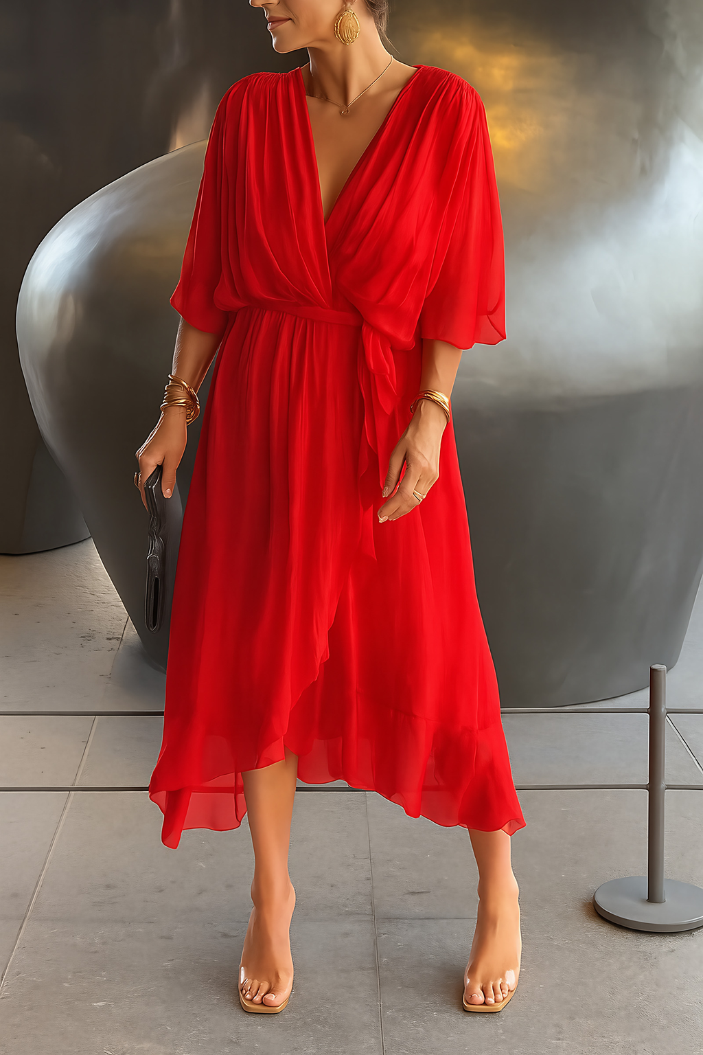 Robe portefeuille midi femme, col V, ourlet asymétrique, rouge