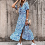 Robe portefeuille femme à imprimé tropical, col V, ceinture, bleu