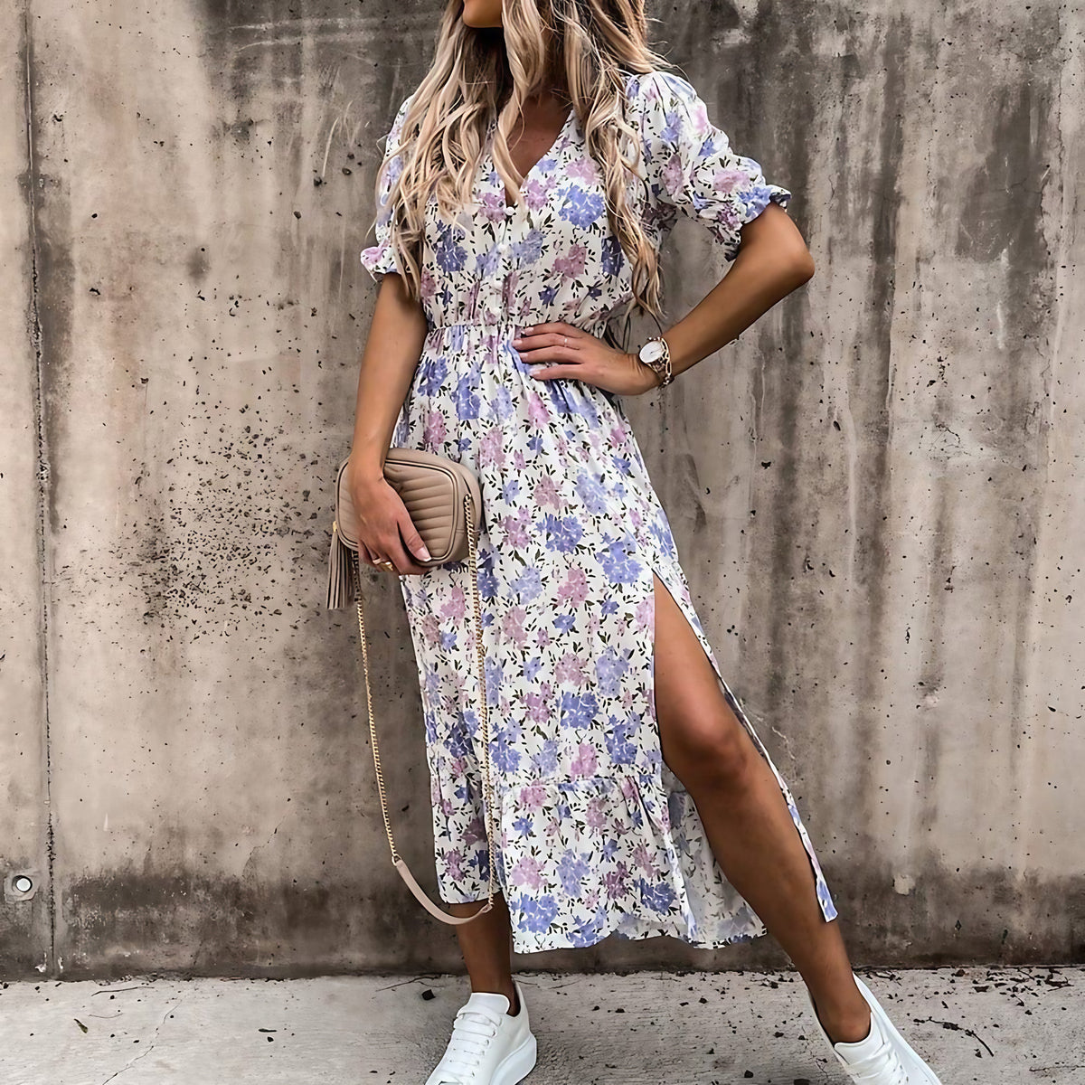 Robe portefeuille femme à imprimé tropical, col V, ceinture, blanc