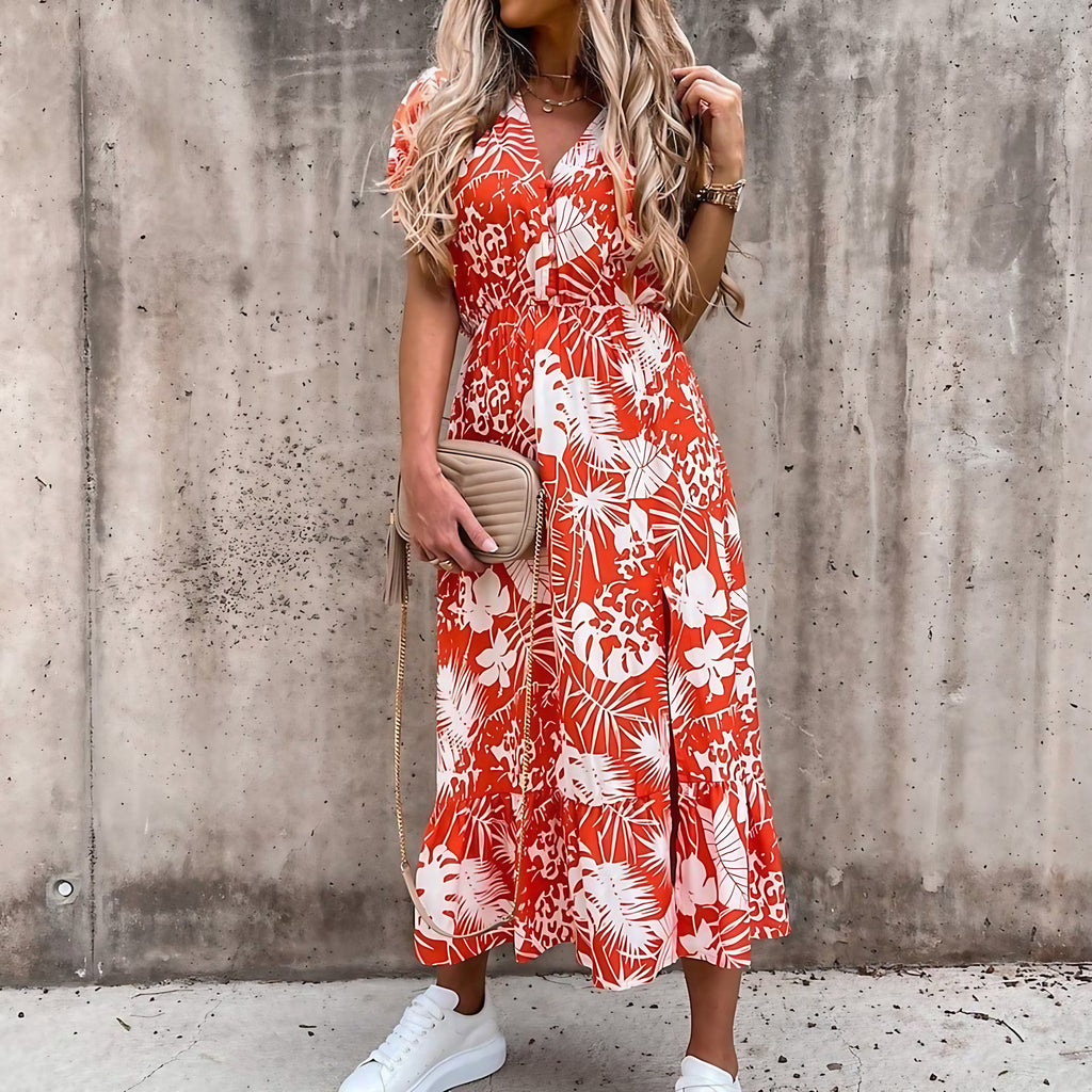 Robe portefeuille femme à imprimé tropical, col V, ceinture, orange
