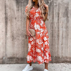 Robe portefeuille femme à imprimé tropical, col V, ceinture, orange