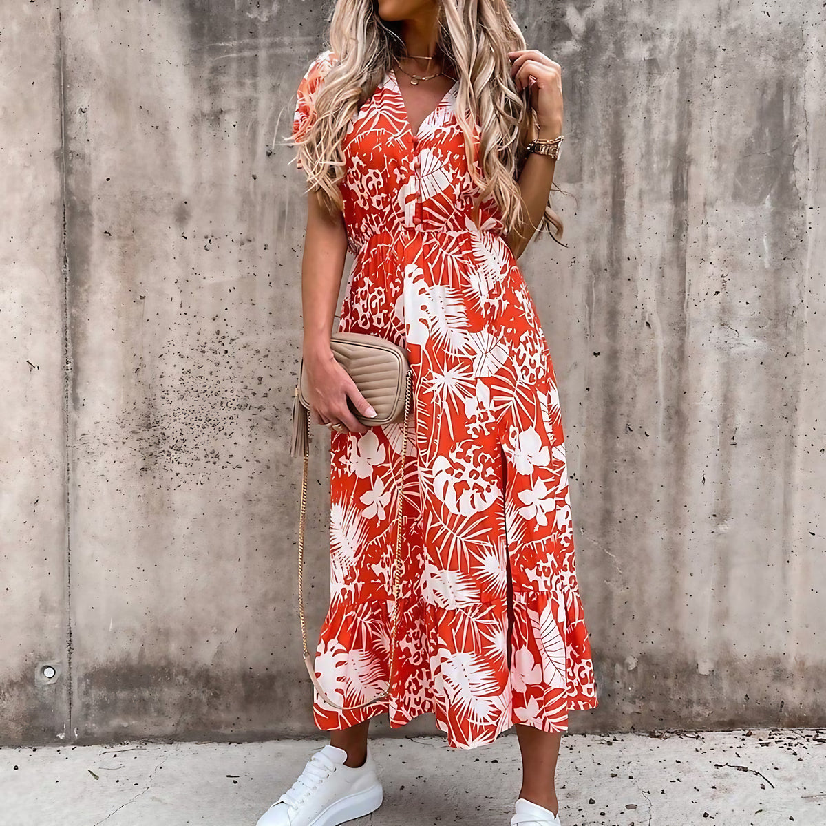 Robe portefeuille femme à imprimé tropical, col V, ceinture, orange