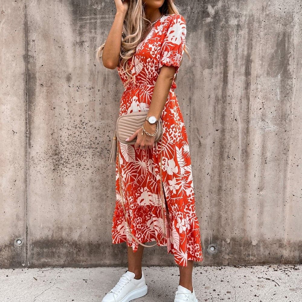 Robe portefeuille femme à imprimé tropical, col V, ceinture