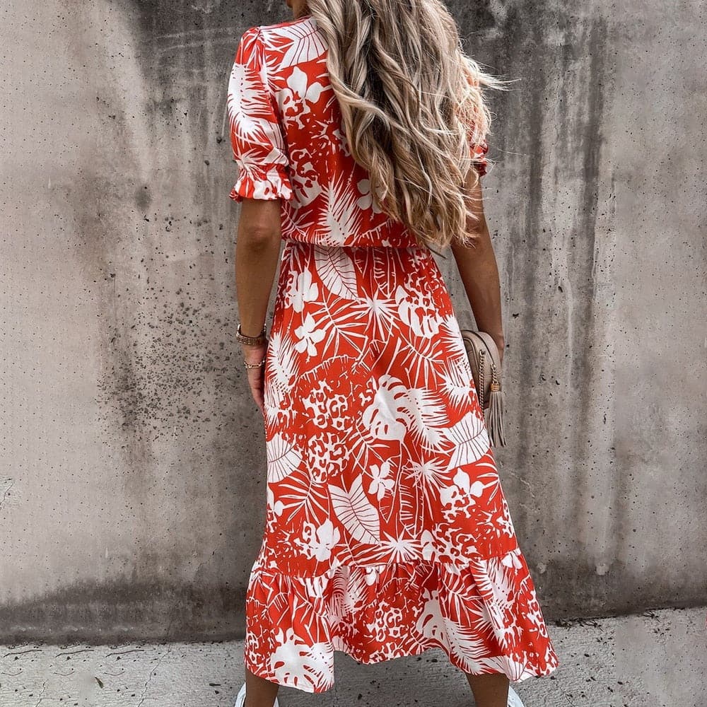 Robe portefeuille femme à imprimé tropical, col V, ceinture