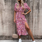 Robe portefeuille femme à imprimé tropical, col V, ceinture, rouge