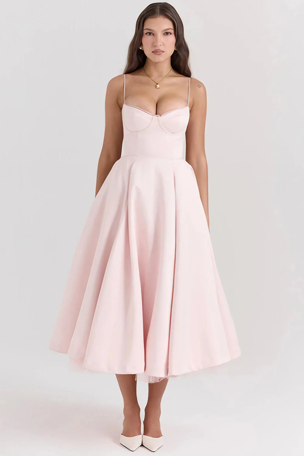 Robe midi en satin à bustier corset et fines bretelles, rose