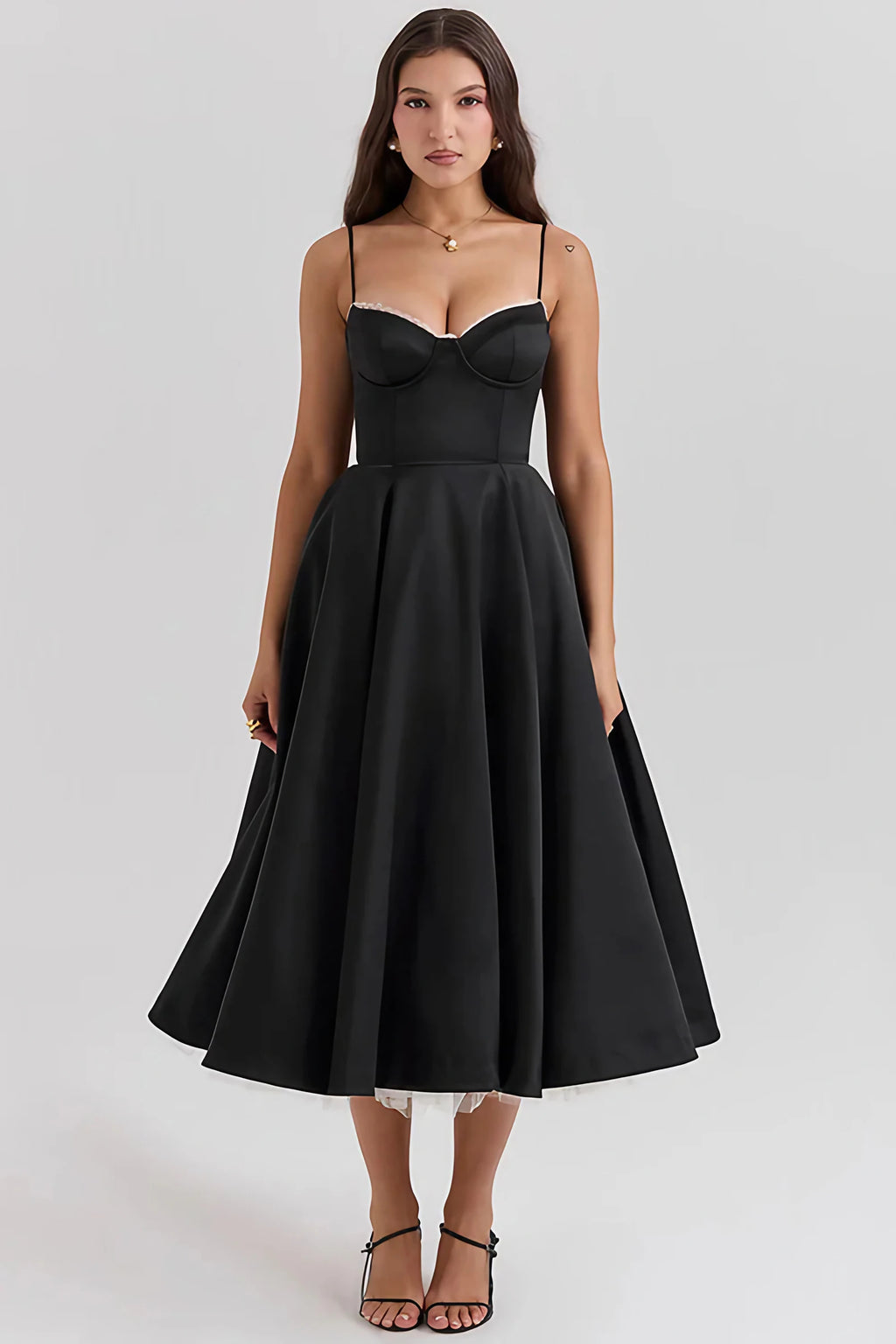 Robe midi en satin à bustier corset et fines bretelles, noir