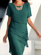 Robe midi femme superposée à manches courtes, coupe cintrée, vert