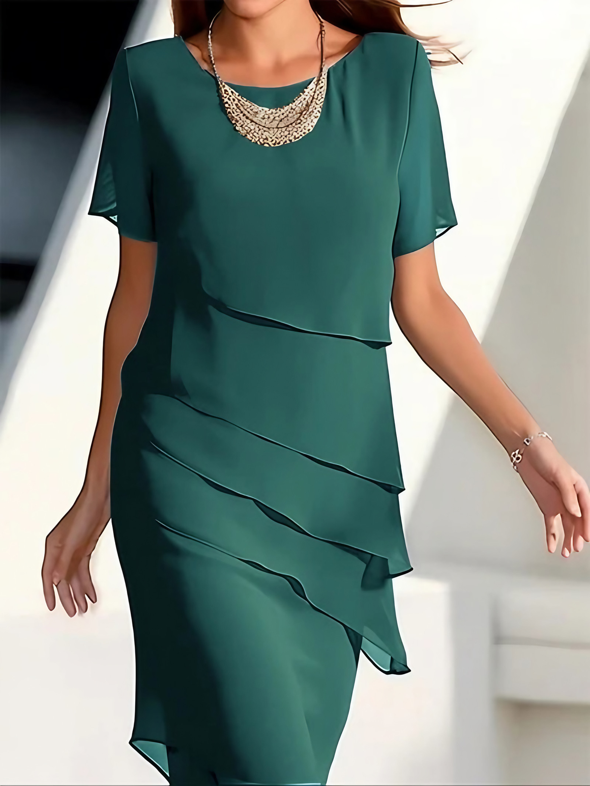 Robe midi femme superposée à manches courtes, coupe cintrée, vert