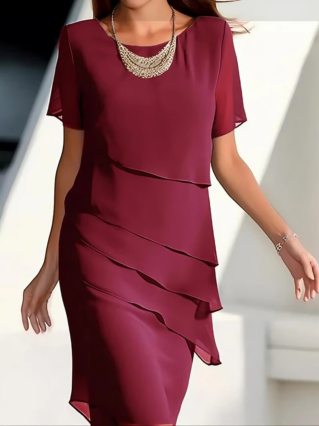Robe midi femme superposée à manches courtes, coupe cintrée, rouge