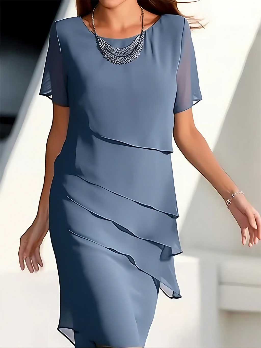 Robe midi femme superposée à manches courtes, coupe cintrée, bleu