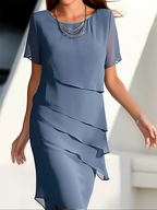 Robe midi femme superposée à manches courtes, coupe cintrée, bleu