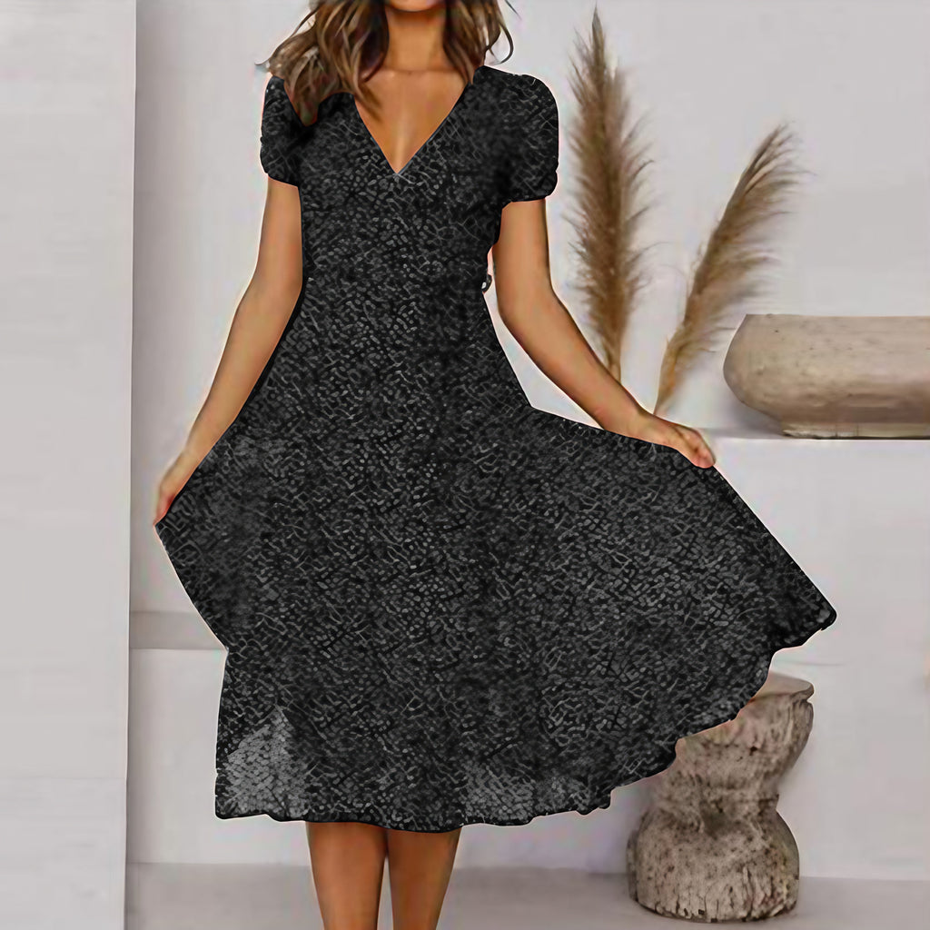 Robe midi évasée femme, encolure en V, jupe fluide, six coloris, noir