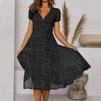 Robe midi évasée femme, encolure en V, jupe fluide, six coloris, noir