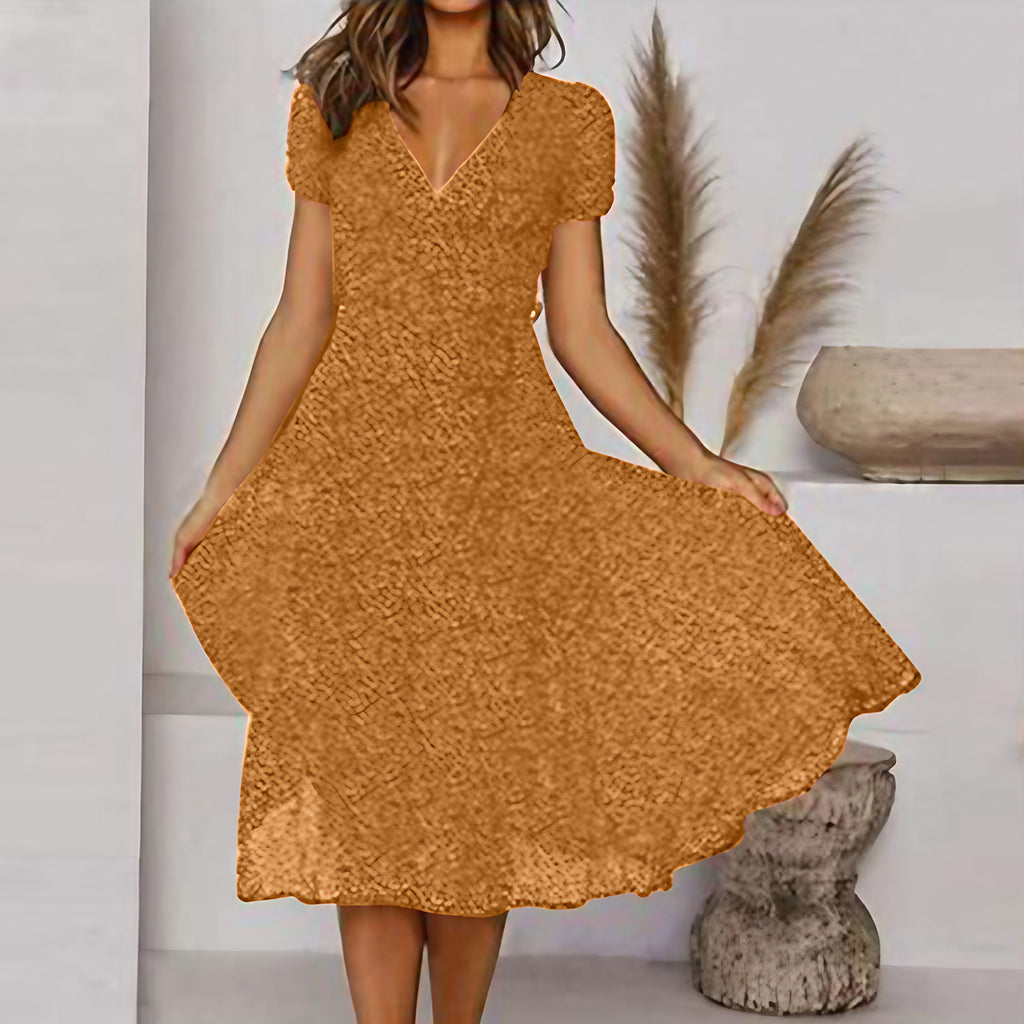Robe midi évasée femme, encolure en V, jupe fluide, six coloris, jaune