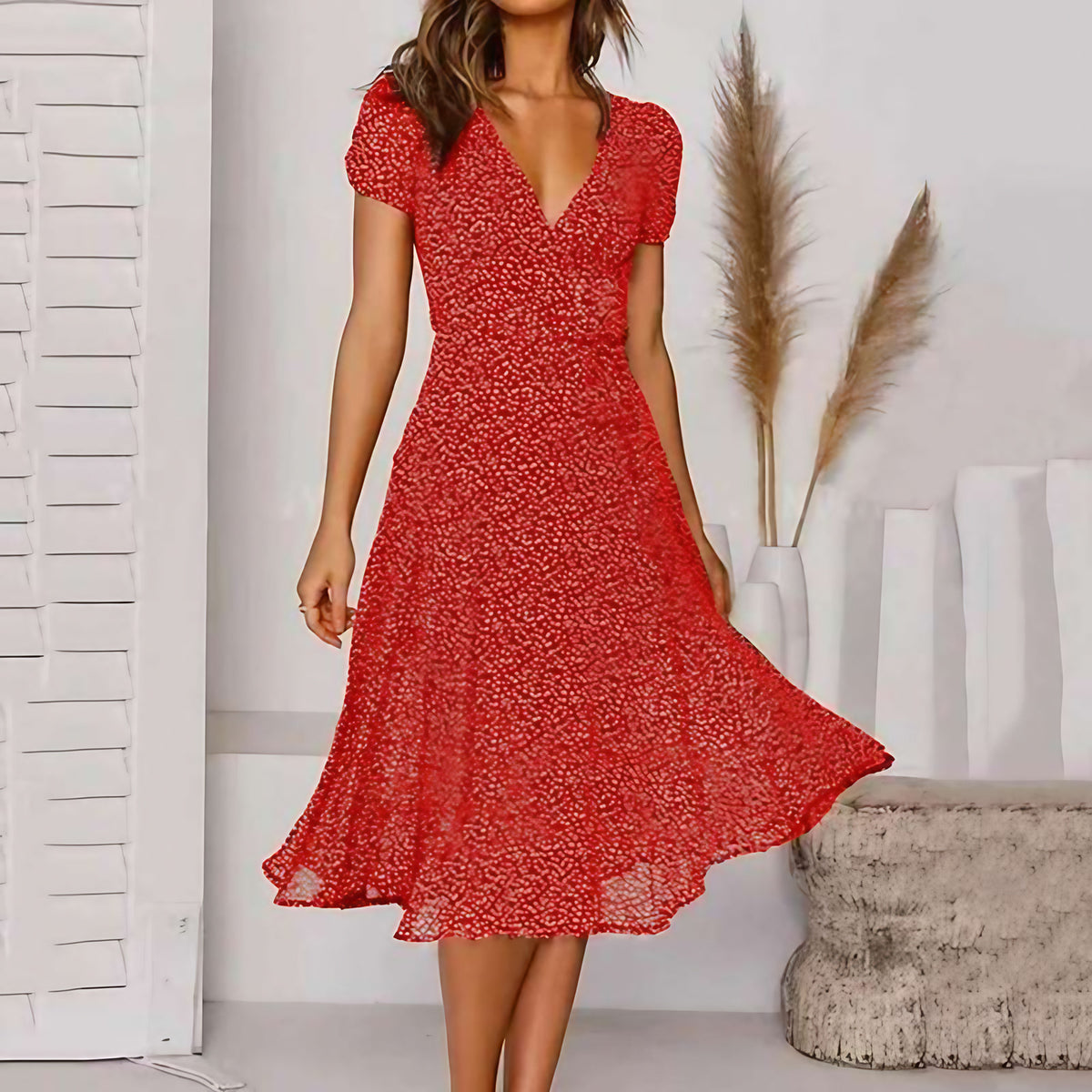 Robe midi évasée femme, encolure en V, jupe fluide, six coloris, rouge