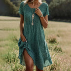 Robe midi verte à pois, manches courtes et col rond, vert