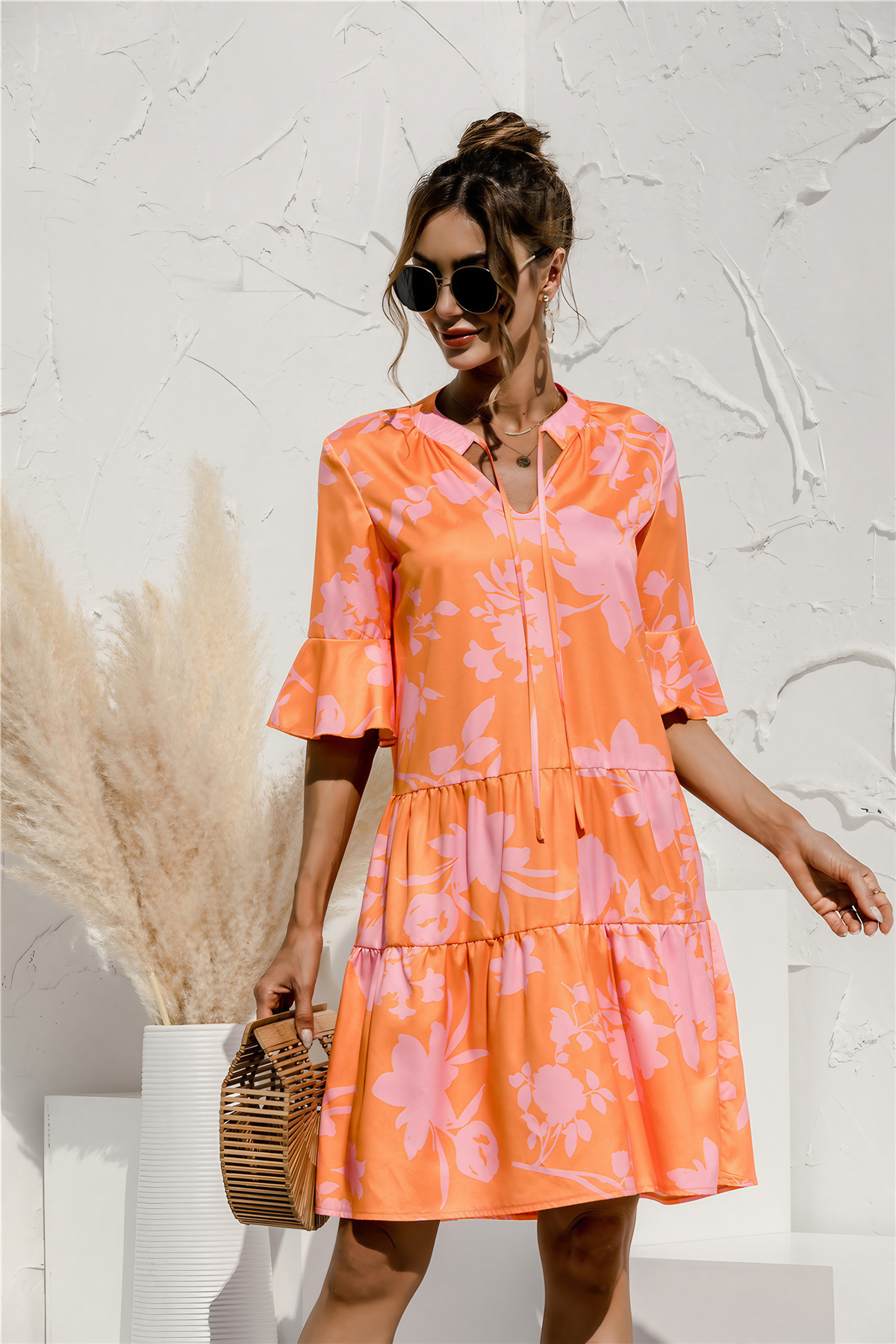 Robe courte femme à volants, col V, taille basse, orange