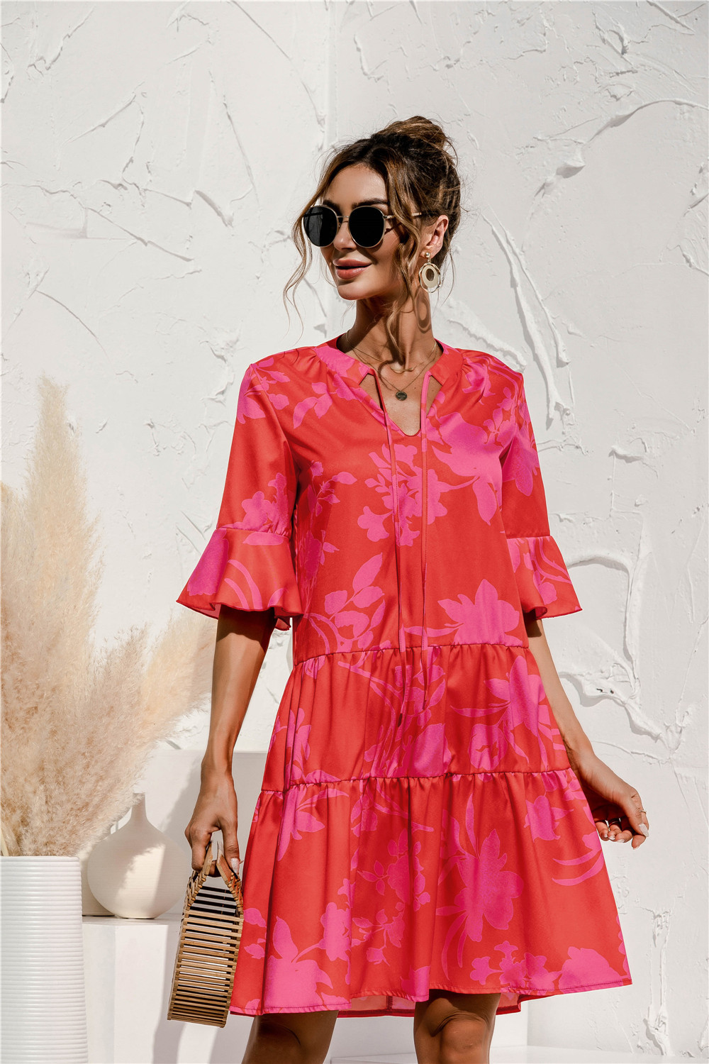Robe courte femme à volants, col V, taille basse, rose