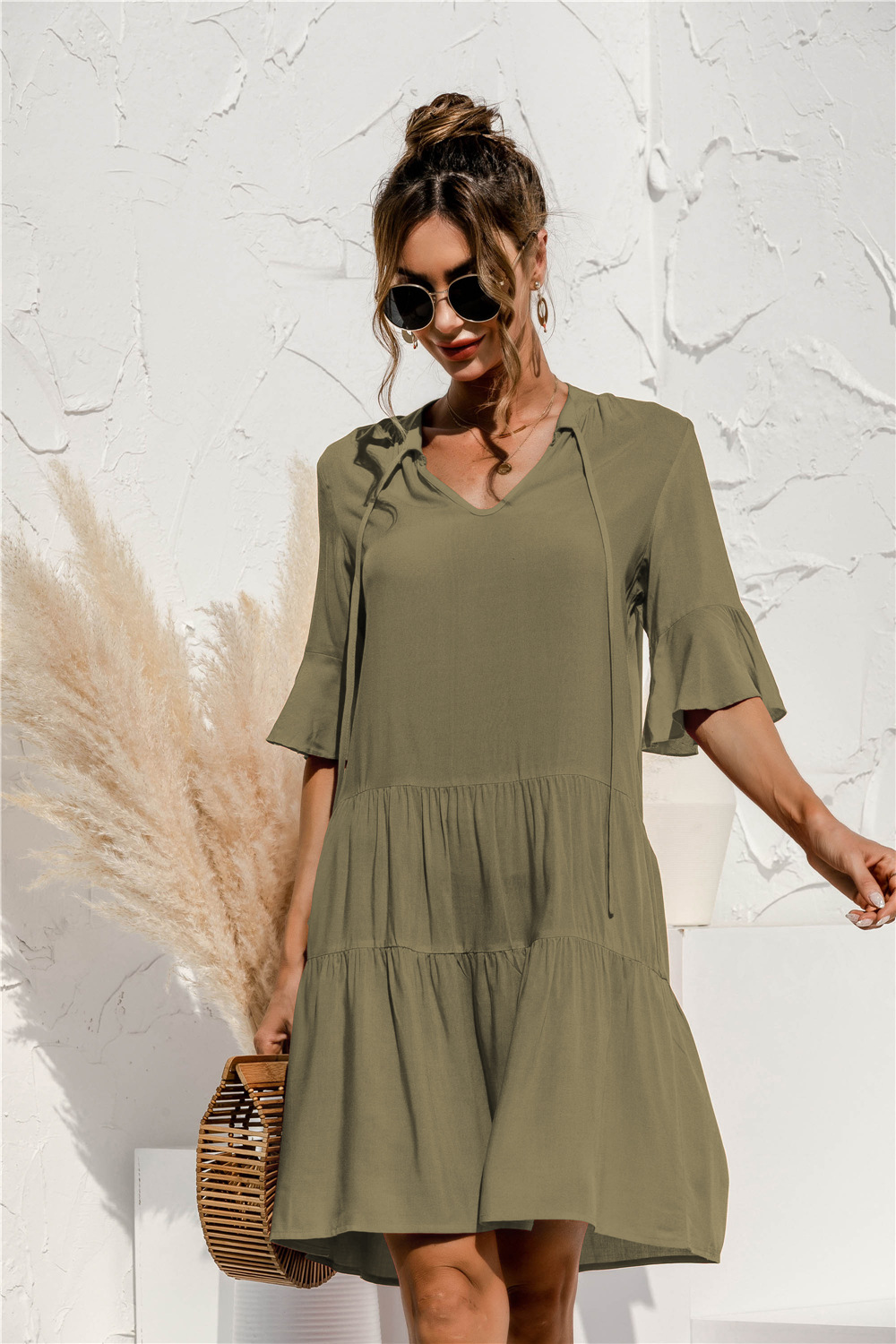 Robe courte femme à volants, col V, taille basse, vert 2