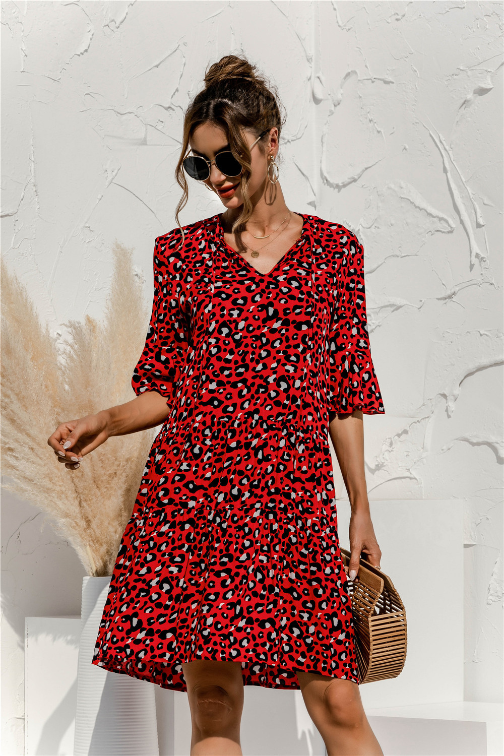 Robe courte femme à volants, col V, taille basse, rouge